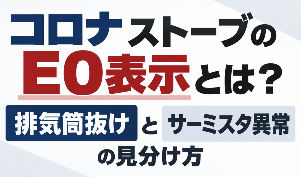 コロナストーブのE0表示について、排気筒抜けとサーミスタ異常の見分け方を示したサムネイル画像