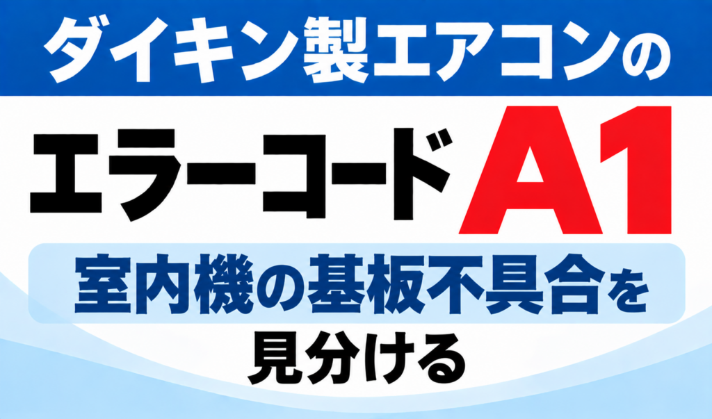 ダイキン製エアコンのエラーコードA1について、室内機の基板不具合を見分けるポイントを示した文字のみのサムネイル画像