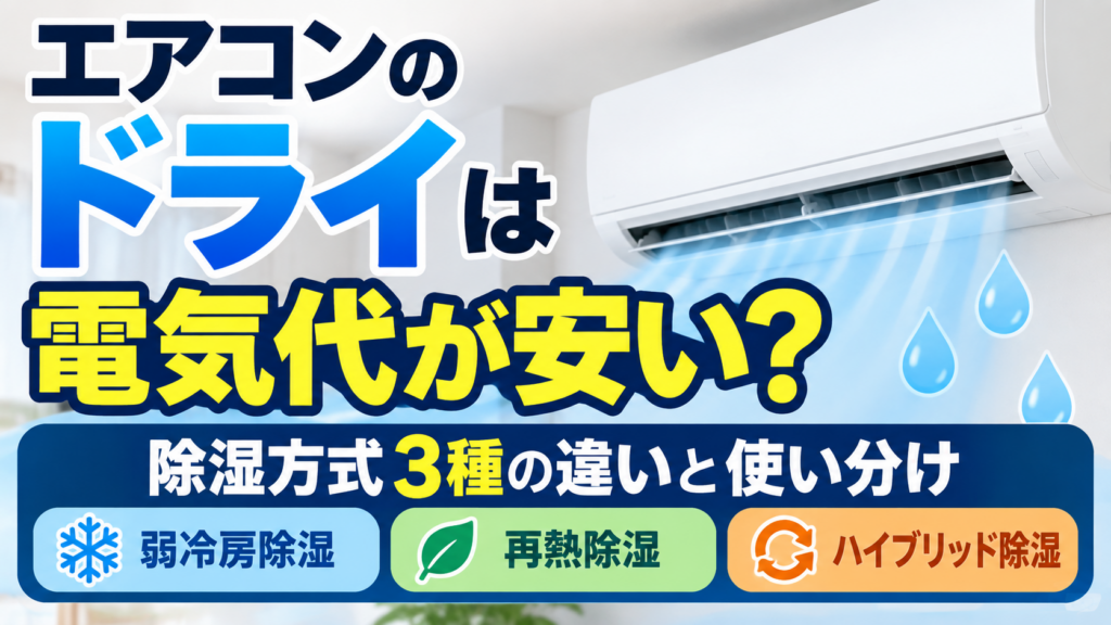 エアコンのドライ運転の電気代と、弱冷房除湿・再熱除湿・ハイブリッド除湿の3種類の違いを紹介するイラスト