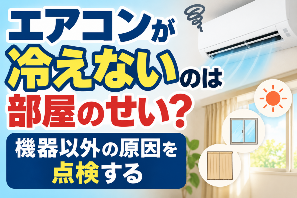 エアコンが冷えない原因として、日差しや窓・カーテンなど部屋側の要因を点検するイメージ