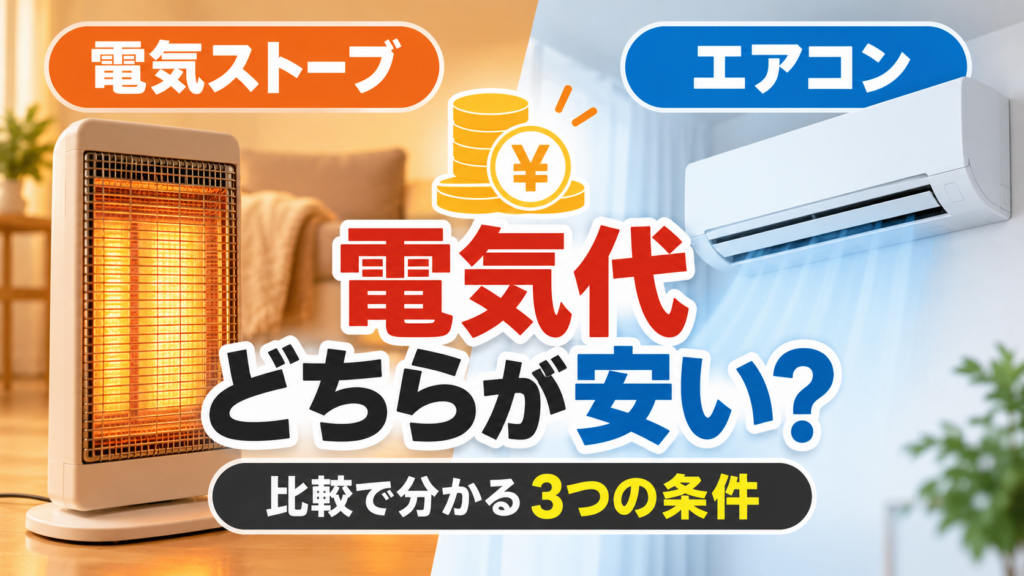 電気ストーブとエアコンの電気代を比較し、どちらが安いかをイメージしたサムネイル画像