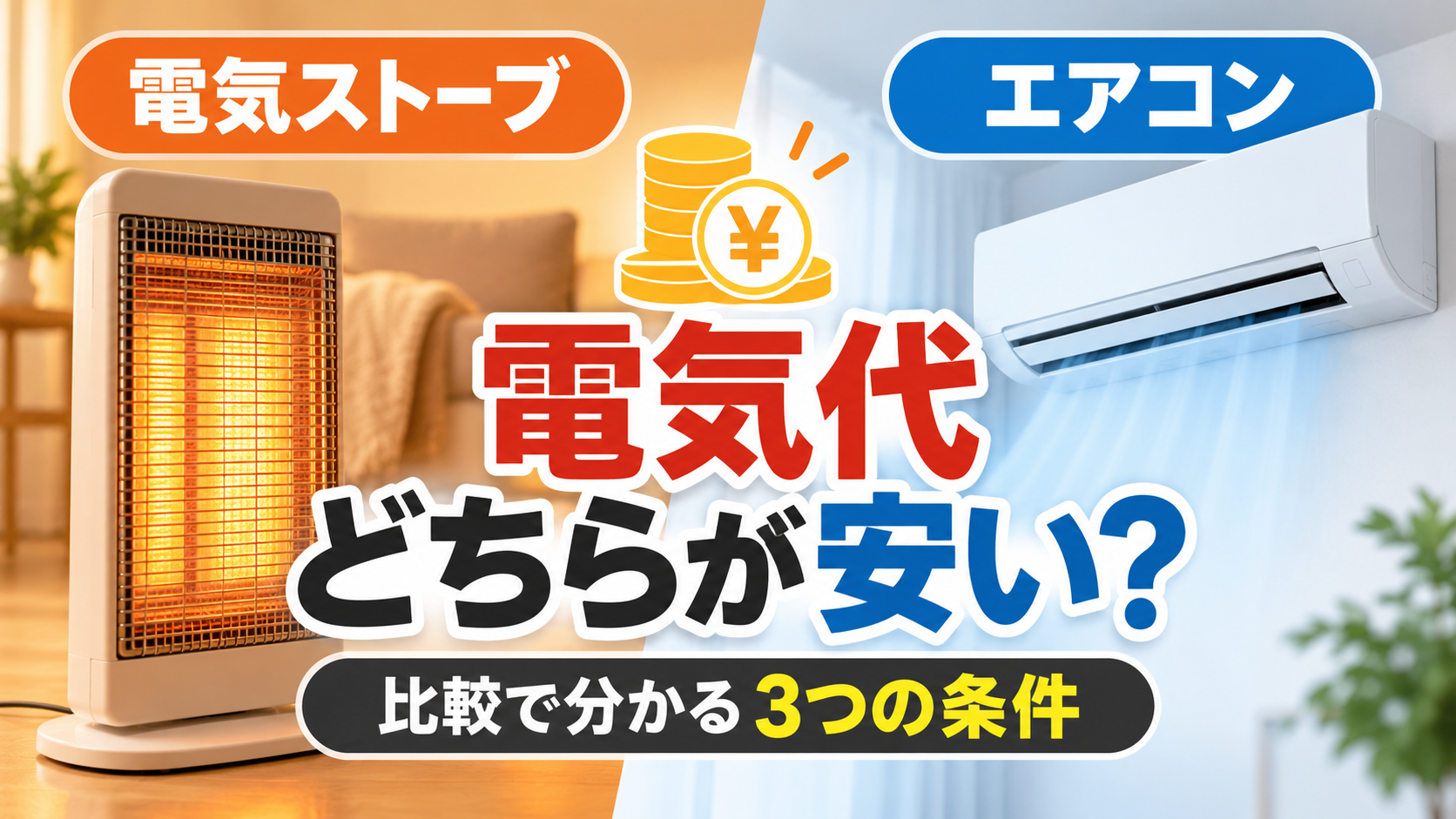 電気ストーブとエアコンの電気代を比較し、どちらが安いかをイメージしたサムネイル画像