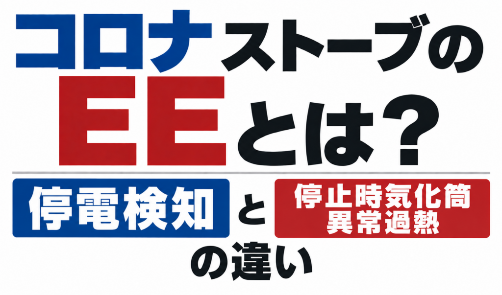 コロナストーブのEE表示について、停電検知と停止時気化筒異常過熱の違いを示したサムネイル画像