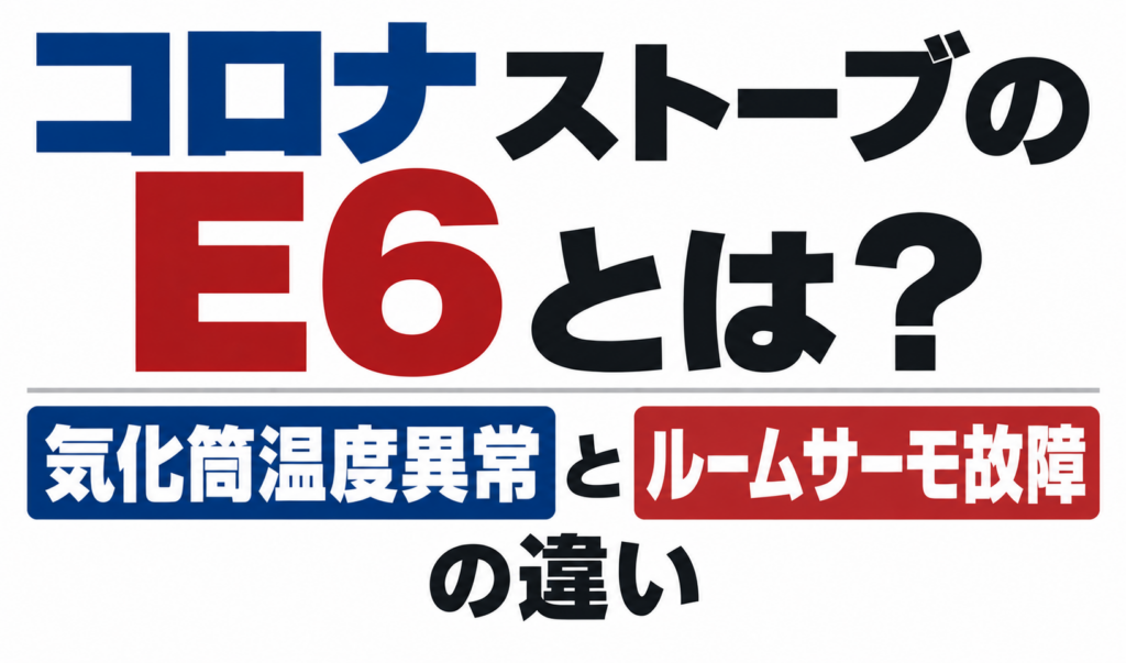 コロナストーブのE6表示について、気化筒温度異常とルームサーモ故障の違いを示したサムネイル画像