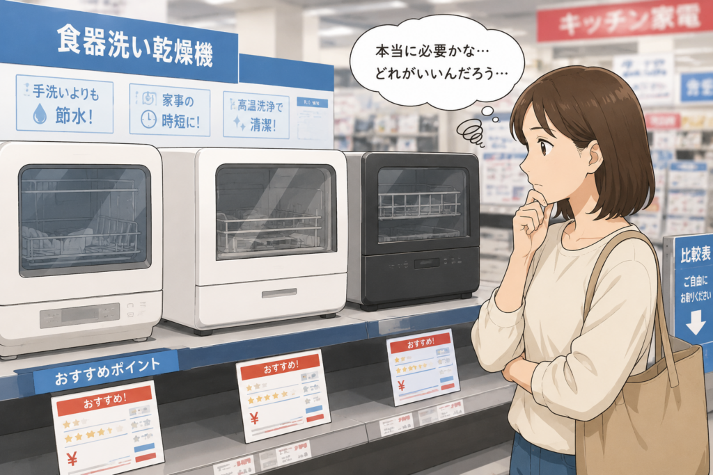 家電量販店の食洗機売り場で、展示された食洗機を見ながら購入しようか悩んでいる女性のイラスト