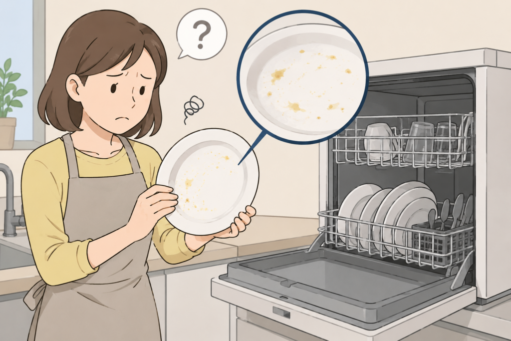 食洗機で洗った後も皿に汚れが残っており、困った様子で確認している女性のイラスト
