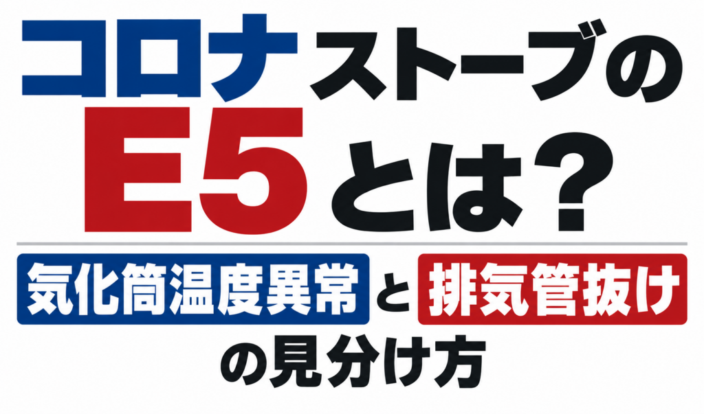 コロナストーブのE5表示について、気化筒温度異常と排気管抜けの見分け方を示したサムネイル画像