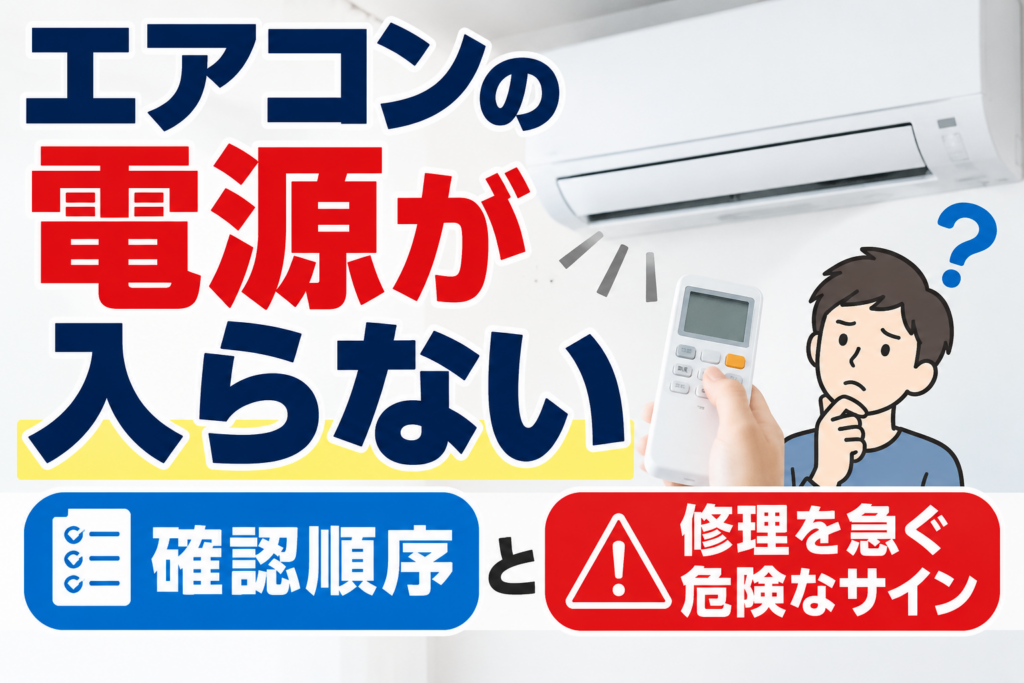 エアコンの電源が入らないときの確認順序と、修理を急ぐ危険なサインを解説するイラスト