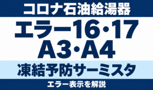 コロナ石油給湯器のエラー16・17・A3・A4と凍結予防サーミスタを示す文字中心のサムネイル