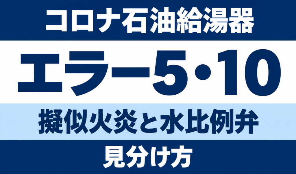 コロナ石油給湯器のエラー5・10について、擬似火炎と水比例弁の見分け方を示す文字中心のサムネイル