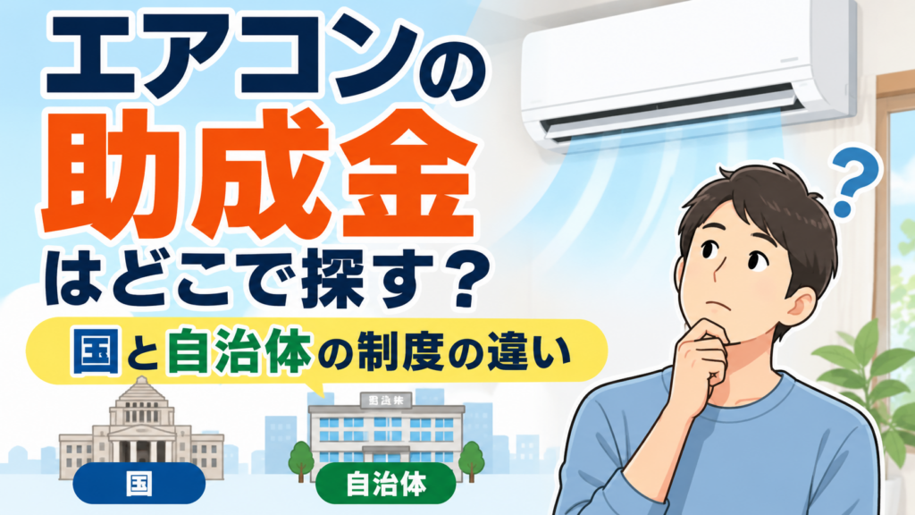 エアコンの助成金をどこで探すか悩む人物と、国・自治体の制度の違いを表したイラスト