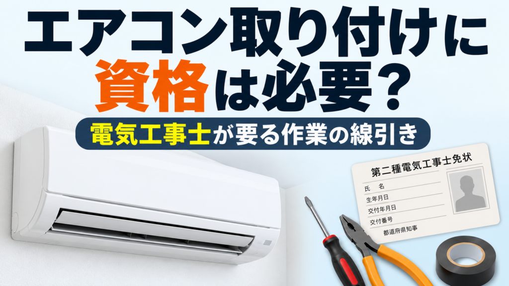 エアコン取り付けに必要な資格と、電気工事士が必要になる作業の線引きを解説するサムネイル画像