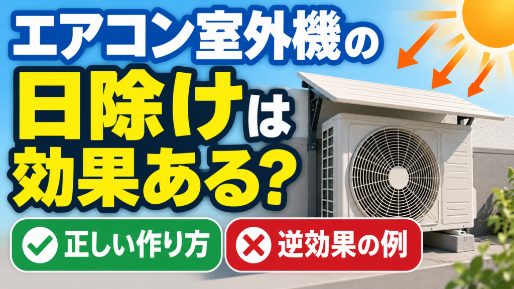 エアコンの室外機と『室外機の掃除はどこまで？自分でできる範囲・注意点』の文字を配置したサムネイル画像