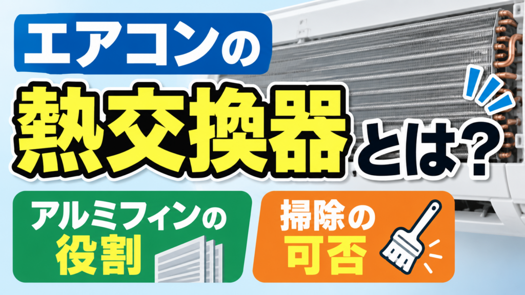 エアコンの熱交換器とアルミフィンを示し、アルミフィンの役割と掃除の可否を解説するサムネイル画像