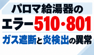 パロマ給湯器のエラー510・801でガス遮断と炎検出の異常について示したサムネイル画像