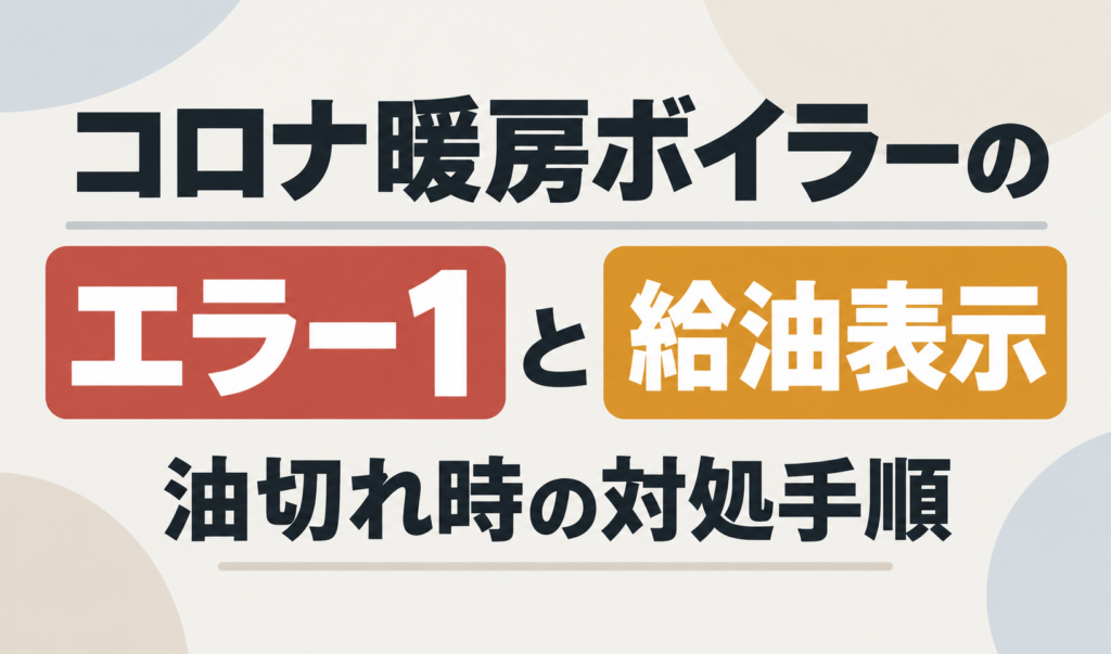 コロナ暖房ボイラーのエラー1と給油表示、油切れ時の対処手順を示したサムネイル画像