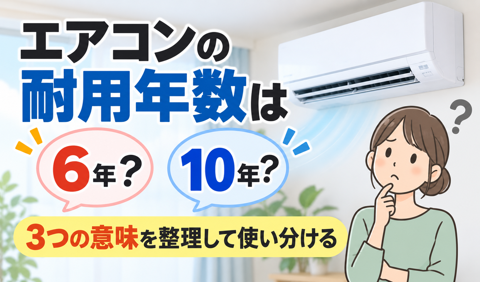 エアコンの耐用年数について6年と10年の違い、3つの意味の使い分けを表現したイラスト