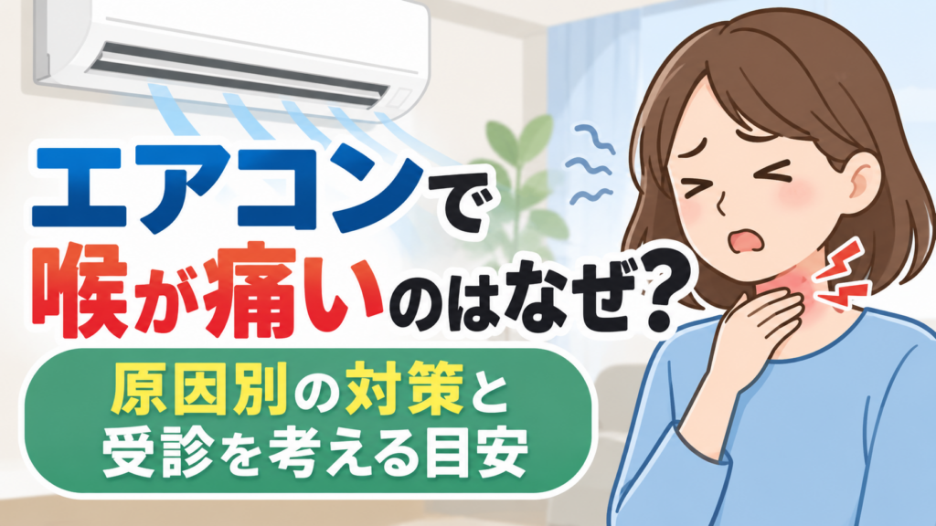 エアコンの風が当たる室内で、喉の痛みを感じて首元を押さえる女性のイラスト