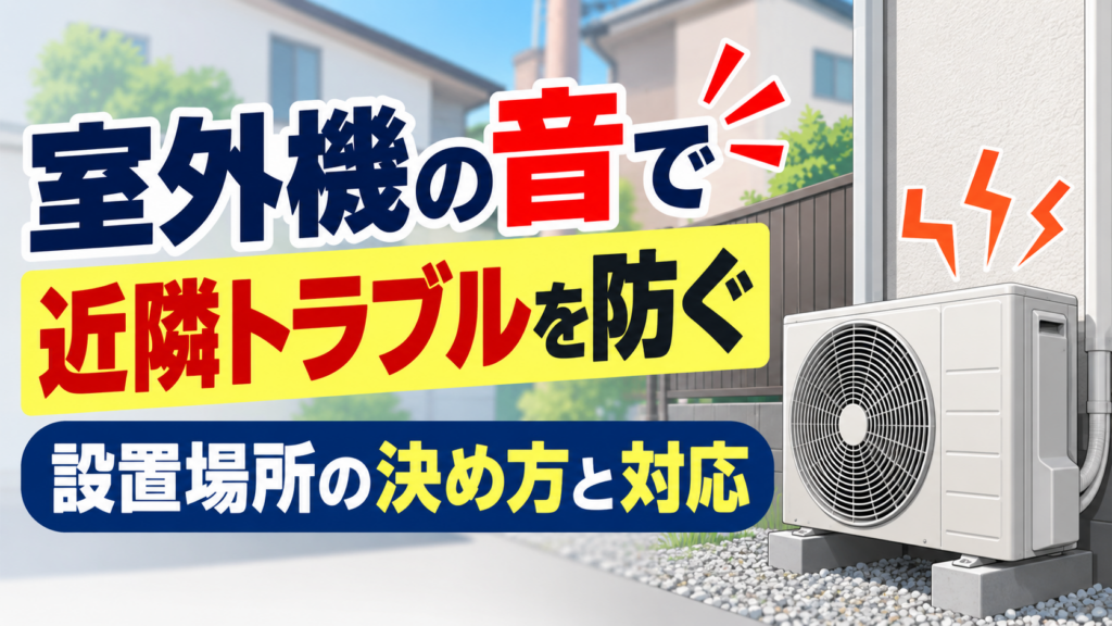 室外機の騒音による近隣トラブルを防ぐため、設置場所の決め方と対応方法を紹介するイラスト