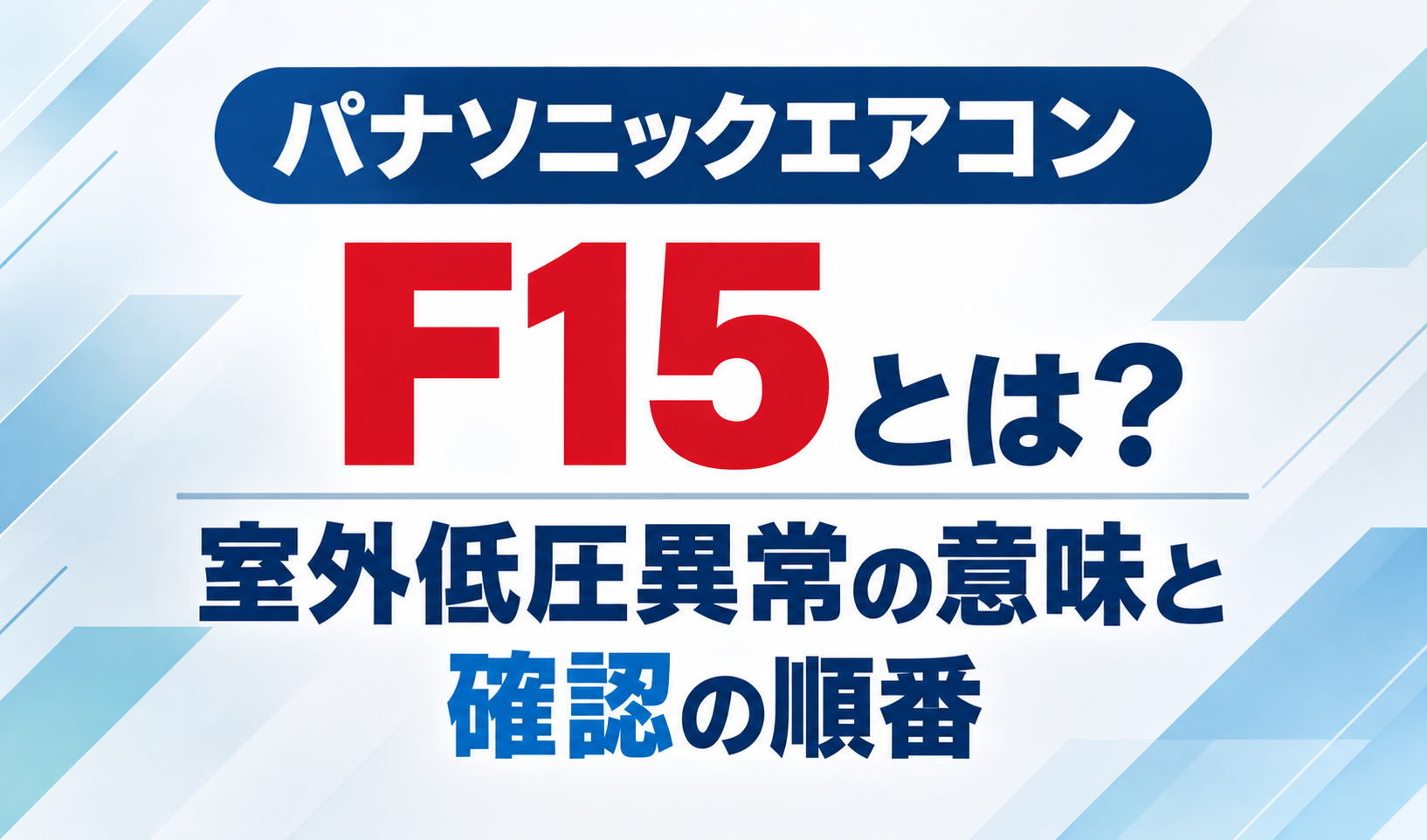 パナソニックエアコンのエラーコードF15と、室外低圧異常の意味・確認の順番を示したサムネイル画像