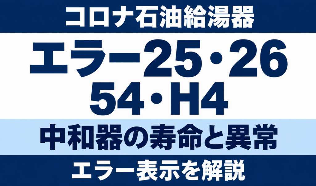 コロナ石油給湯器のエラー25・26・54・H4と中和器の寿命・異常を示す文字中心のサムネイル