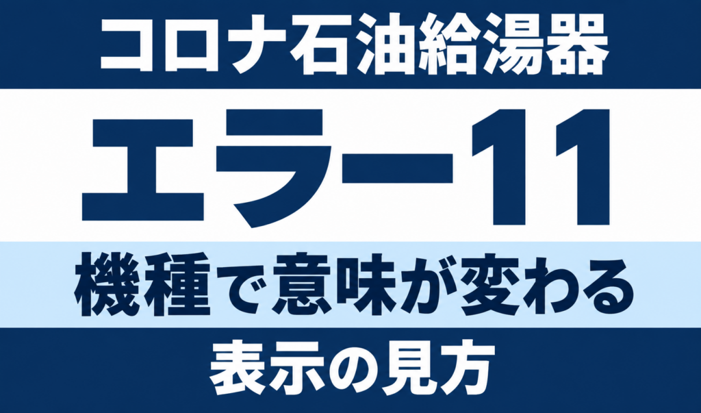 コロナ石油給湯器のエラー11について、機種で意味が変わることと表示の見方を示す文字中心のサムネイル
