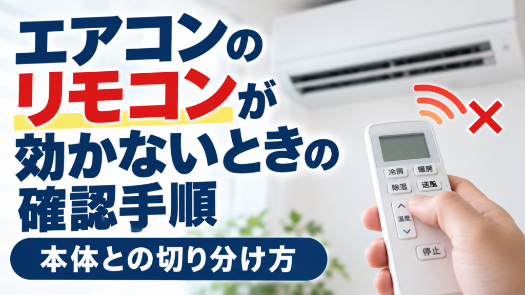 エアコンのリモコンが効かず、本体に向けて操作しながら故障箇所を確認している様子のサムネイル画像