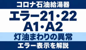 コロナ石油給湯器のエラー21・22・A1・A2と灯油まわりの異常を示す文字中心のサムネイル