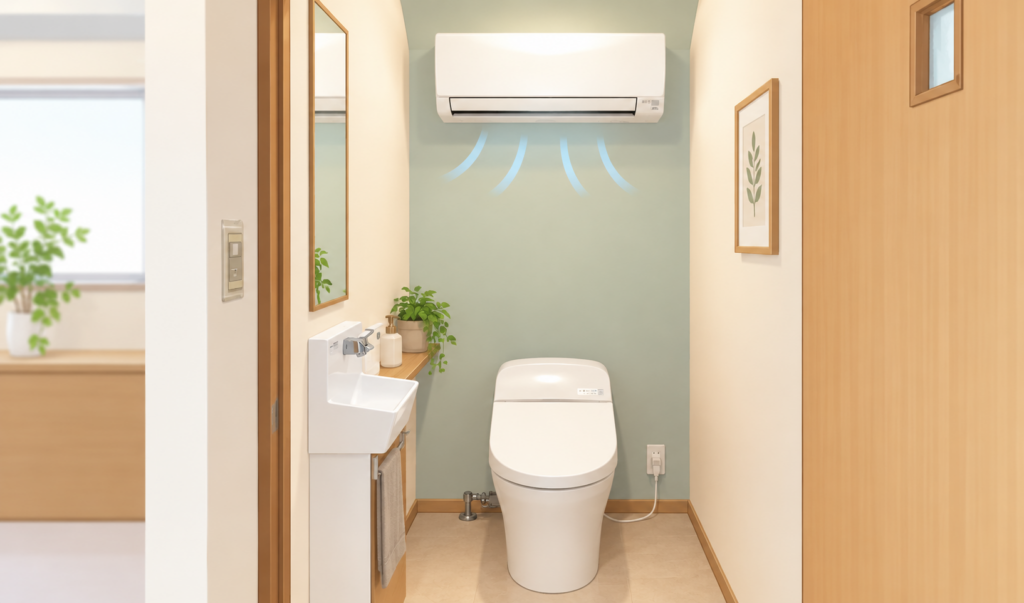 トイレの壁上部にエアコンが設置され、冷風が流れている様子を描いたイラスト