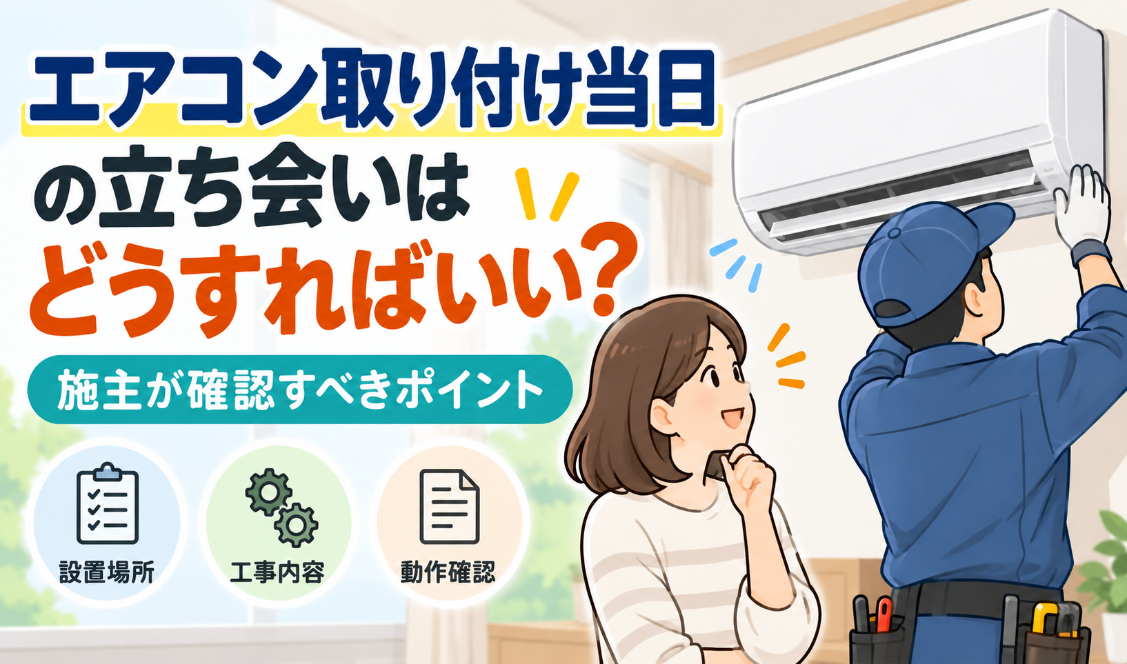 エアコン取り付け当日に、施主が作業員の工事を立ち会いながら確認している様子のイラスト