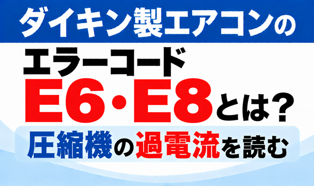 ダイキン製エアコンのエラーコードE6・E8について、圧縮機の過電流を読み解く内容を示した文字のみのサムネイル画像