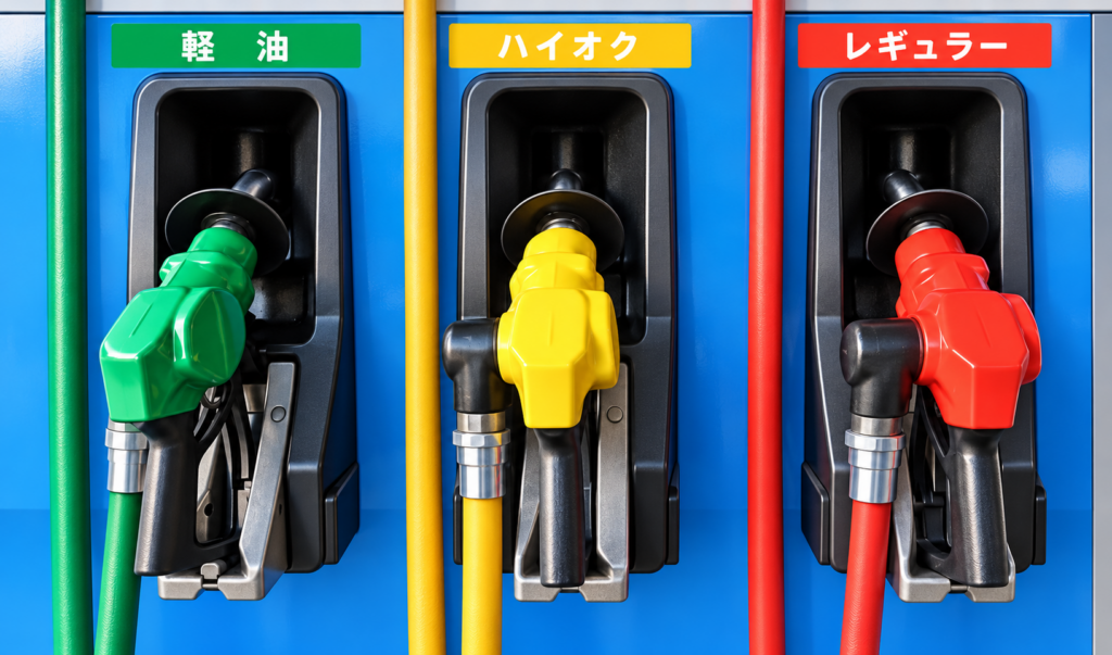 セルフスタンドの給油機に、軽油・ハイオク・レギュラーのノズルが並ぶイラスト