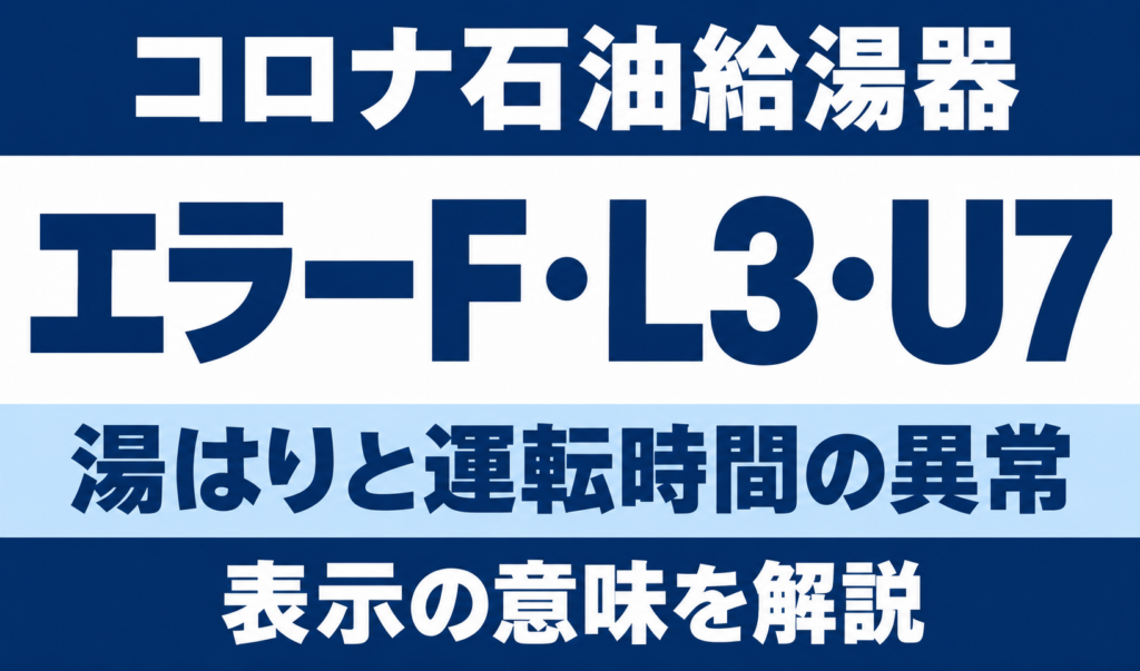 コロナ石油給湯器のエラーF・L3・U7と湯はり・運転時間の異常を示す文字中心のサムネイル