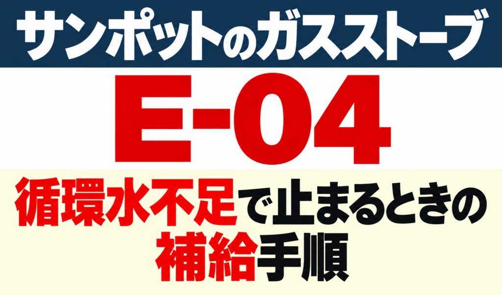 サンポットのガスストーブE-04で循環水不足が発生したときの補給手順を示したサムネイル