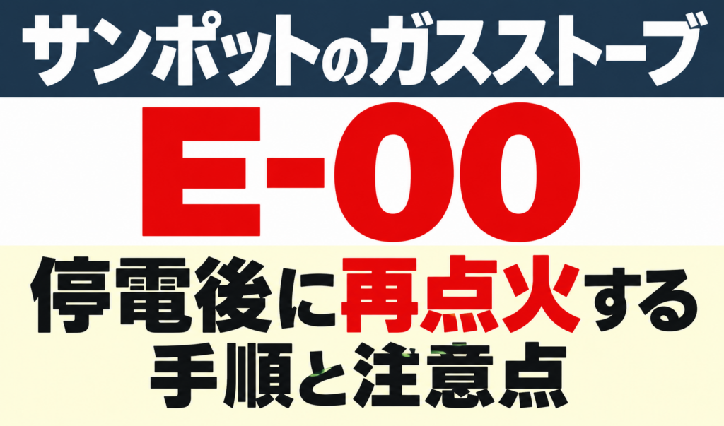 サンポットのガスストーブE-00で停電後に再点火する手順と注意点を示したサムネイル