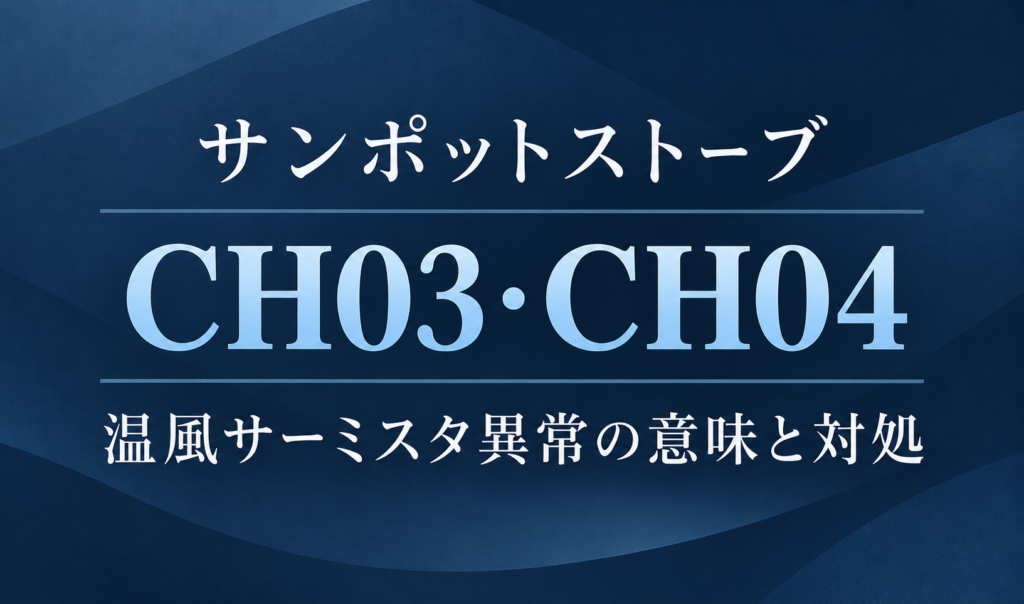 落ち着いた紺色の背景に、サンポットストーブのCH03・CH04エラーと温風サーミスタ異常の意味・対処を示した文字だけのサムネイル