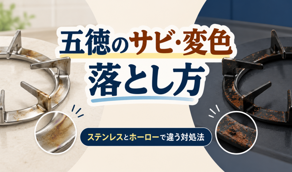 サビや変色があるステンレス製とホーロー製の五徳を並べ、素材別の落とし方を示したサムネイル