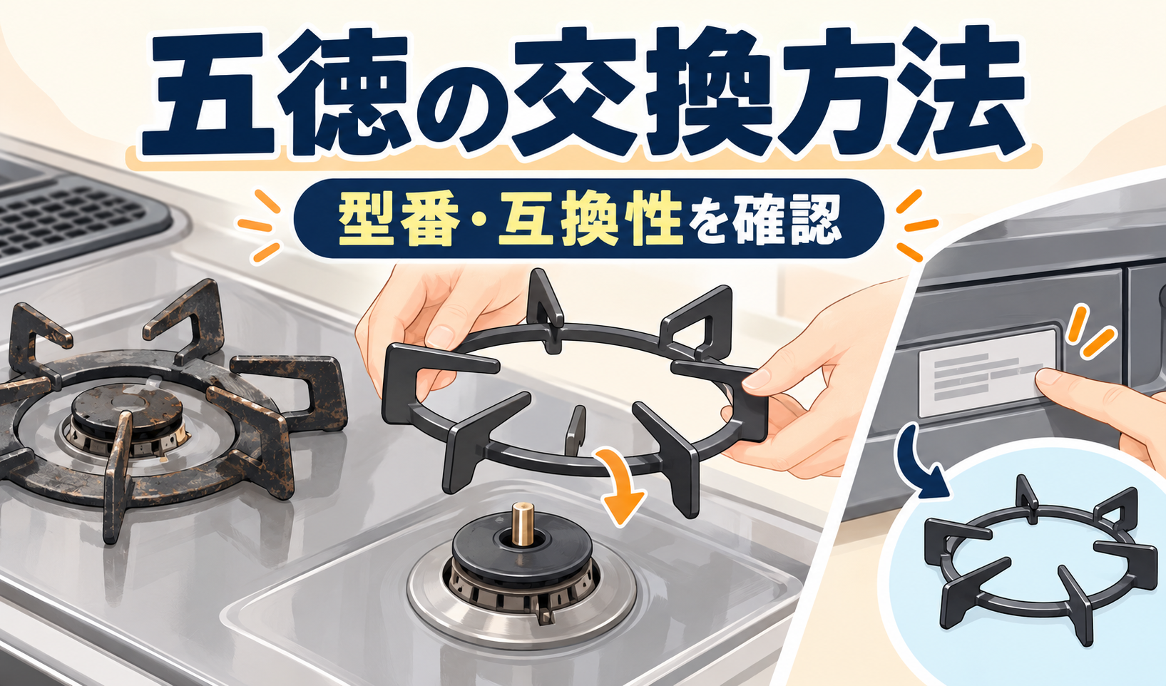 ガスコンロの古い五徳を新しい五徳に交換し、型番と互換性を確認する様子のイラスト