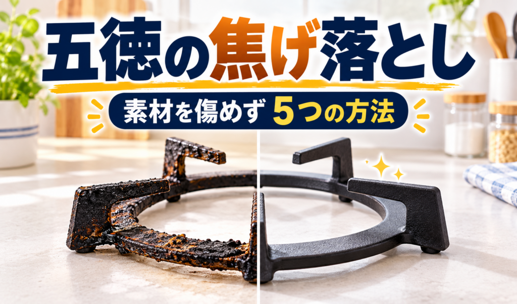 焦げがこびりついた五徳と、掃除後のきれいな五徳を並べたイラスト