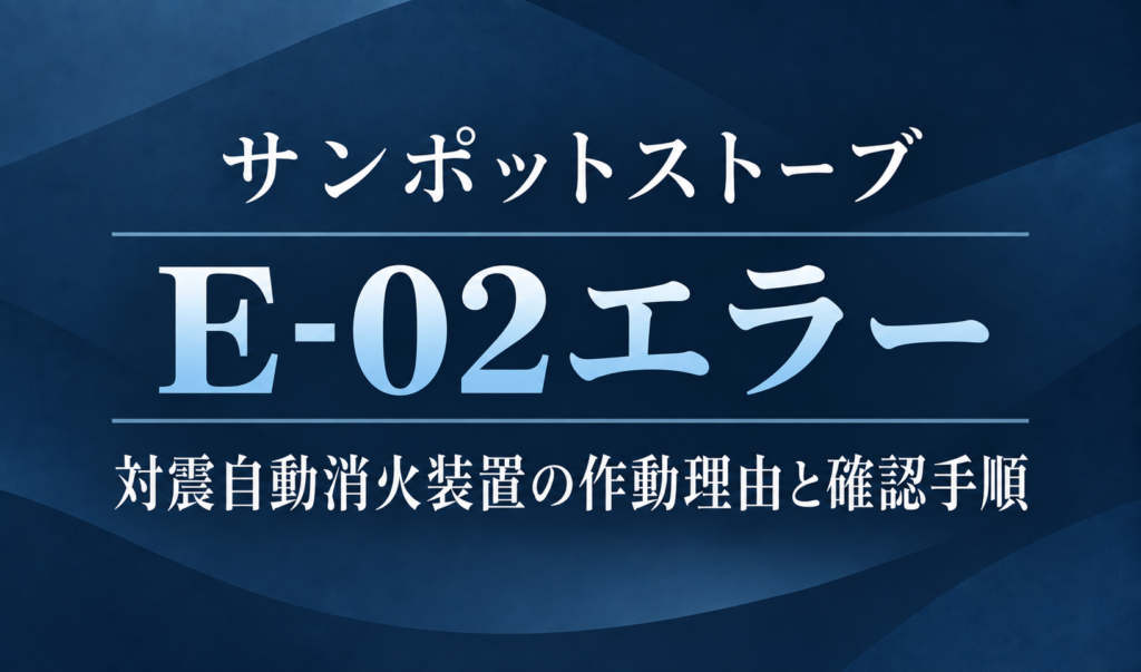 紺色の背景に、サンポットストーブのE-02エラーと対震自動消火装置の作動理由・確認手順を明朝体で示したサムネイル