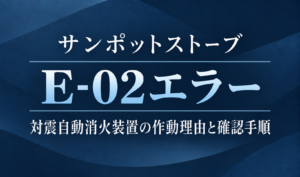 紺色の背景に、サンポットストーブのE-02エラーと対震自動消火装置の作動理由・確認手順を明朝体で示したサムネイル