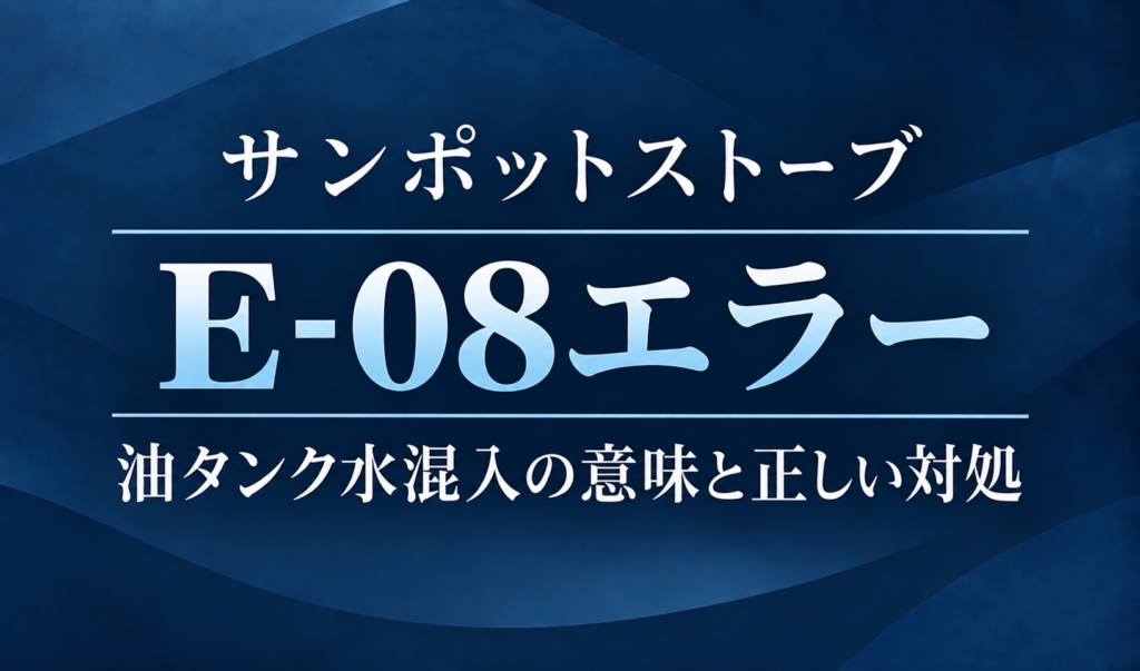 紺色の背景に、サンポットストーブのE-08エラーと油タンクへの水混入の意味・正しい対処を明朝体で示したサムネイル