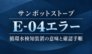 紺色の背景に、サンポットストーブのE-04エラーと循環水検知装置の意味・確認手順を明朝体で示したサムネイル