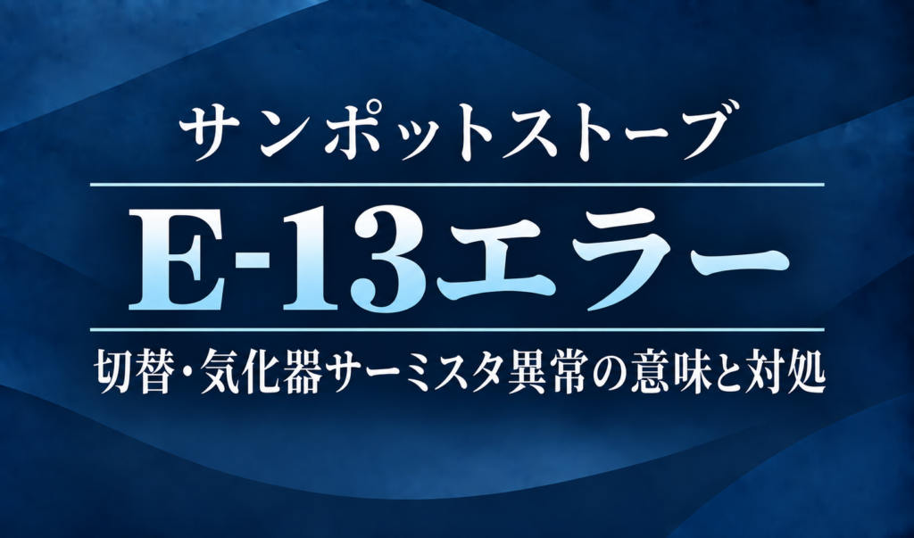 紺色の背景に、サンポットストーブのE-13エラーと切替・気化器サーミスタ異常の意味・対処を明朝体で示したサムネイル
