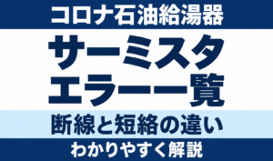 コロナ石油給湯器のサーミスタエラー一覧と、断線・短絡の違いを示す文字中心のサムネイル