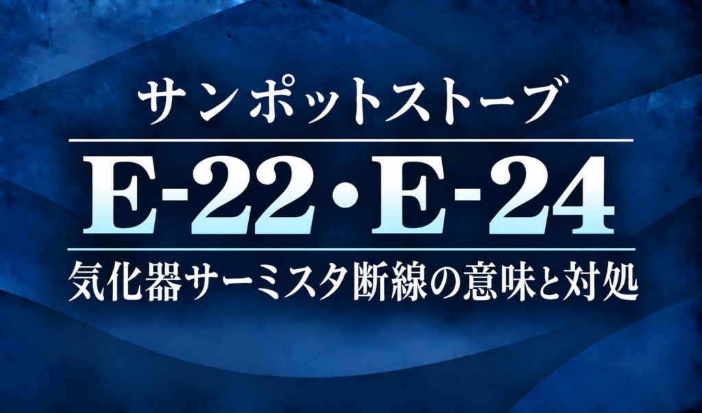 紺色の背景に、サンポットストーブのE-22・E-24エラーと気化器サーミスタ断線の意味・対処を明朝体で示したサムネイル