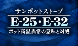 紺色の背景に、サンポットストーブのE-25・E-32エラーとポット高温異常の意味・対処を明朝体で示したサムネイル