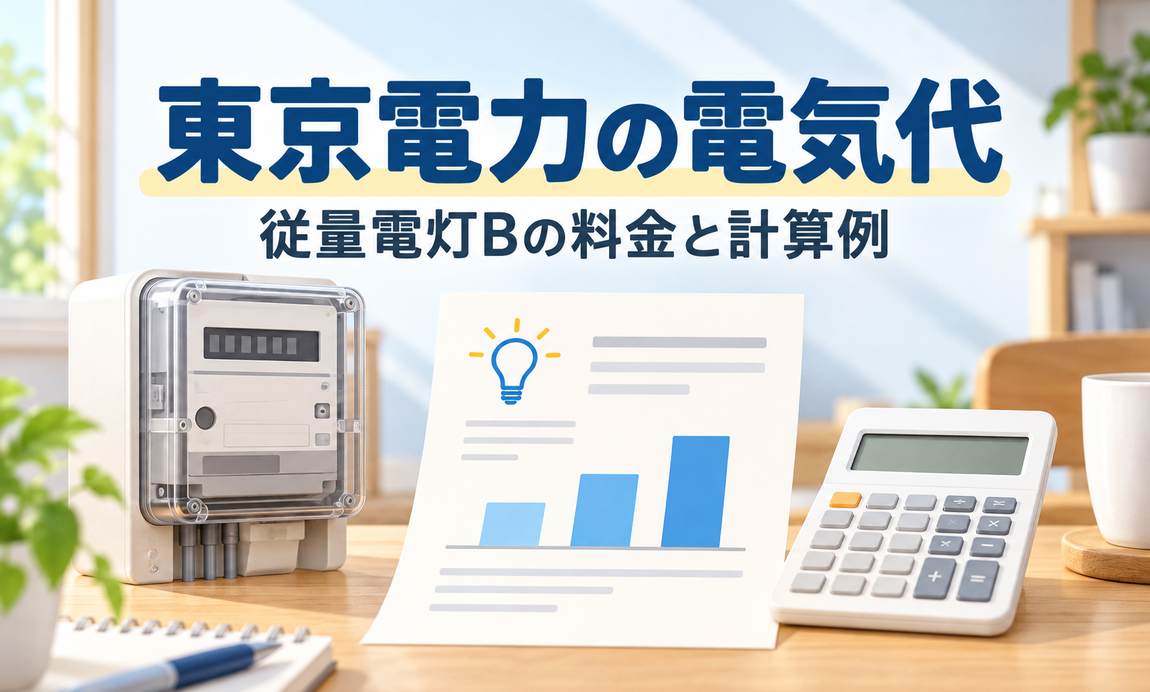 東京電力の従量電灯Bの電気代について、電力量計と使用量のお知らせ、電卓を見ながら考える人物のイラスト