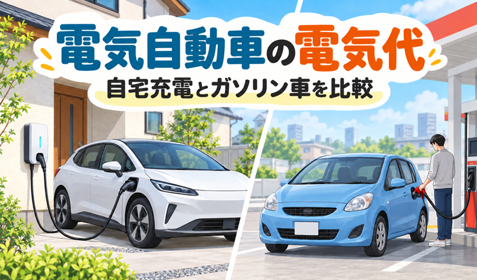 自宅で充電する電気自動車と、一本のホースで給油するガソリン車を比較したイラスト