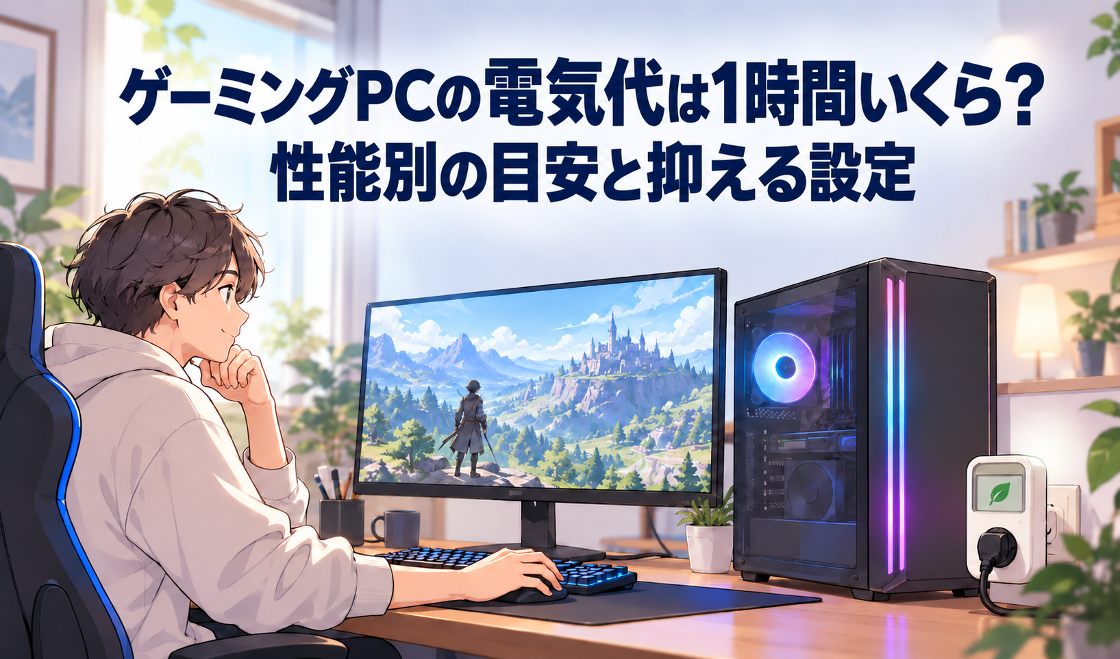 ゲーミングPCでゲームをする人と、1時間の電気代の目安や節約設定を示すサムネイル
